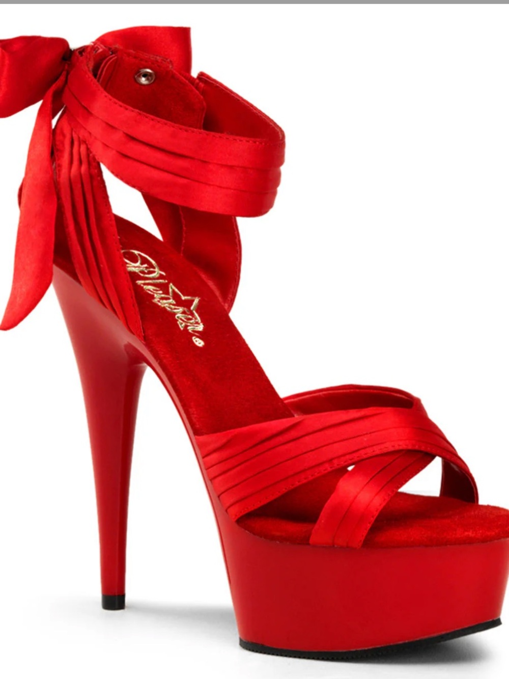 Pleaser Red Satin Stiletto Heels with Bow Detail